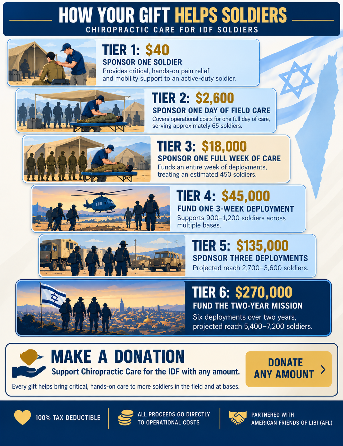 Six illustrated donation tiers plus an option to donate any amount for Chiropractic Care for the IDF.
